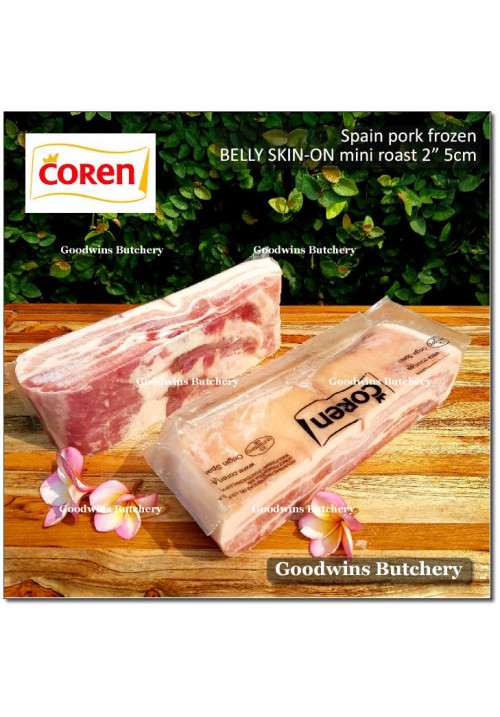 Pork BELLY SKIN ON samcan frozen Spain COREN DUROC SELECTA (fed w/ chestnuts) roast mini 2" 5cm (price/pc 600g)